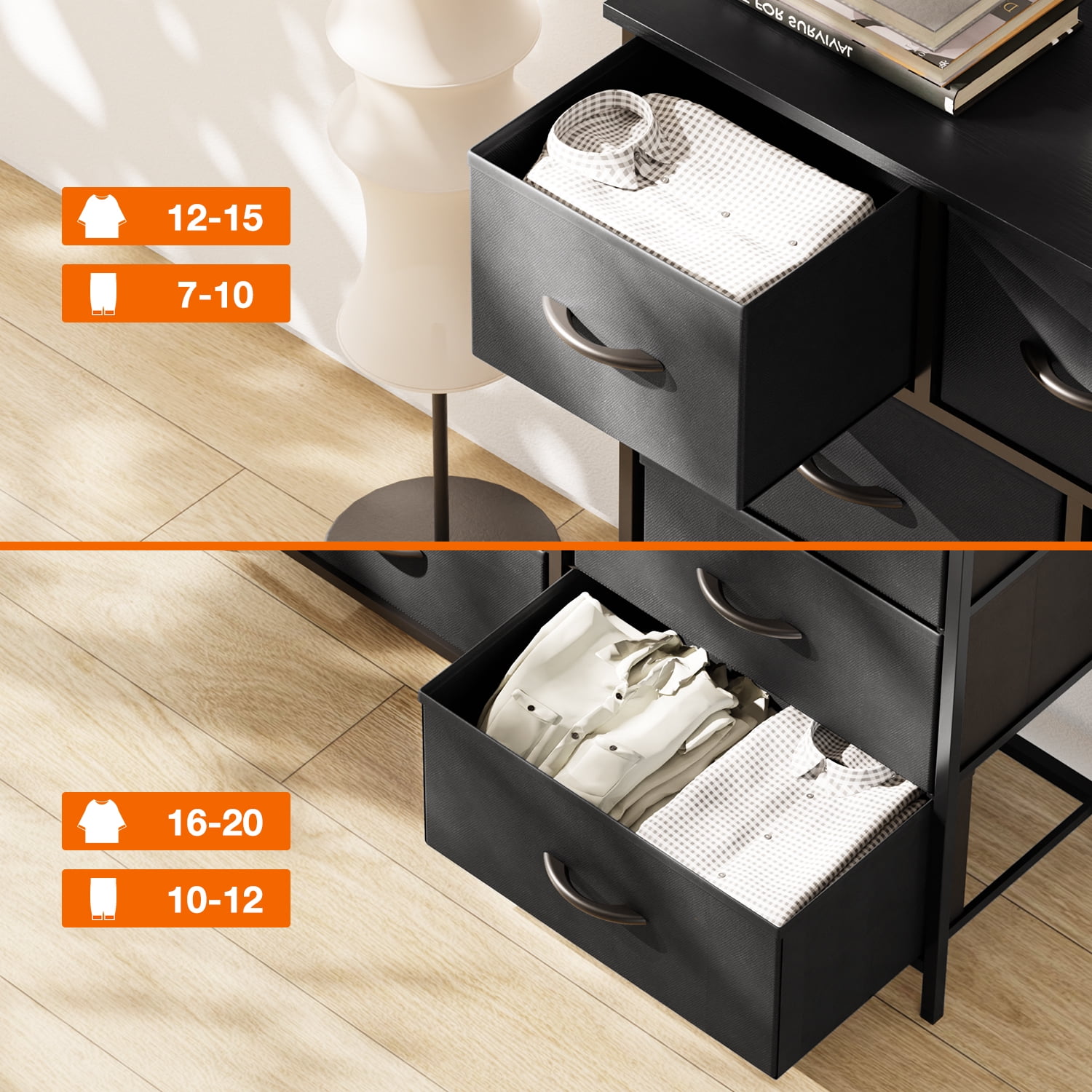 Yanming Cómoda de Tela con 9 cajones, Estructura de Acero y Tapa de Madera para Dormitorio, Armario, Entrada
