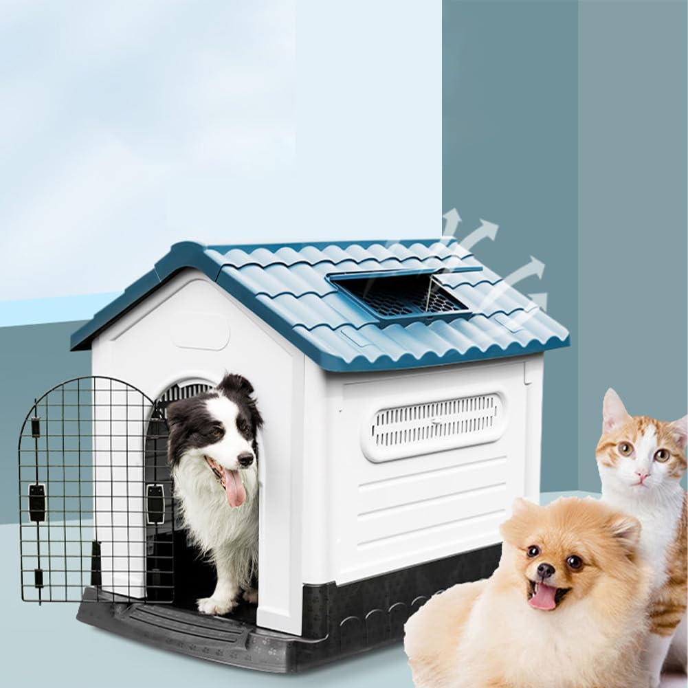 JIUSILIFE Casa Grande para Perros, Casa para Perros Tanto para Interior como para Exterior, con Techo Solar Ajustable Y Base Elevada, Fácil Montar, con Aseo, Casa Plegable Impermeable,Gray,M