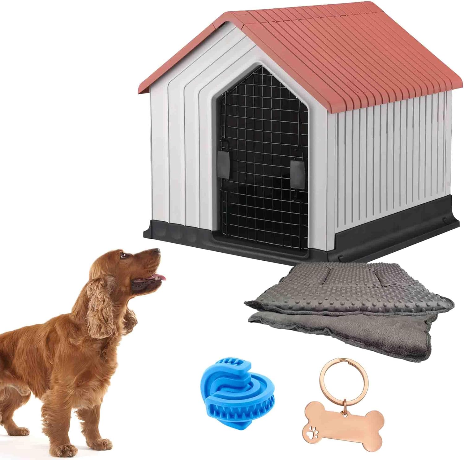 KE WOOW Casa para Perros Medianos y Chicos Premium, Térmica, con Puerta Metálica, Repelente al Clima, Base Elevada, Armable, Color Azul, Incluye Colchón y Juguete de Regalo, 62 x 62 x 60 cm