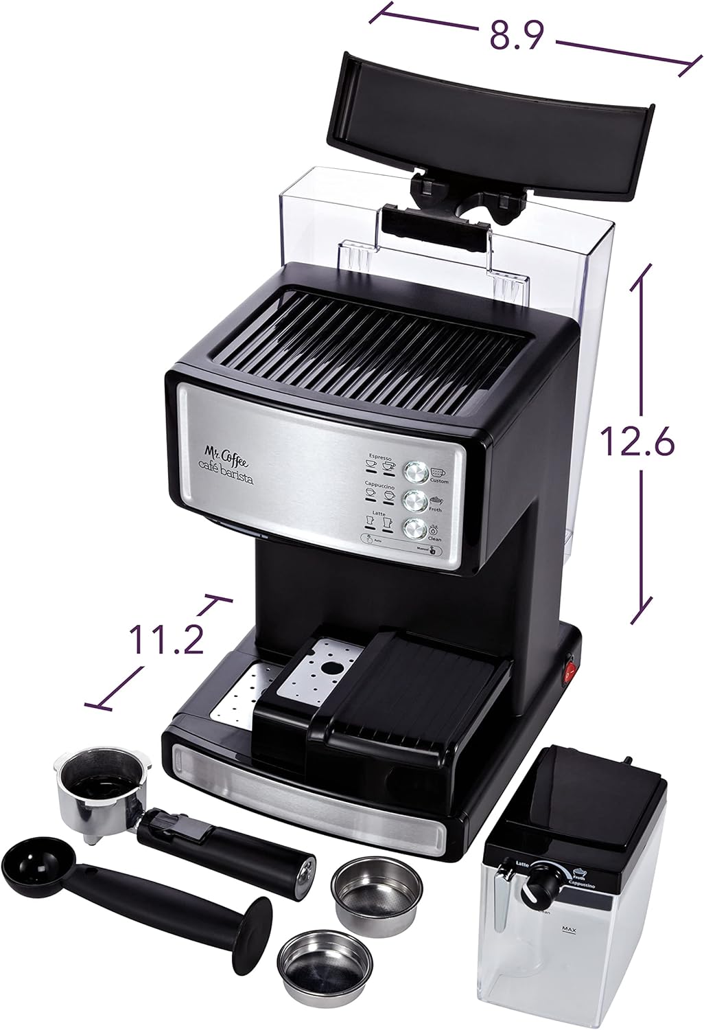 Mr. Coffee Cafe Barista Cafetera eléctrica para espresso con espumador de leche automático, BVMC-Ecm.P1000, Sin muestra gratis, Acero inoxidable, 1