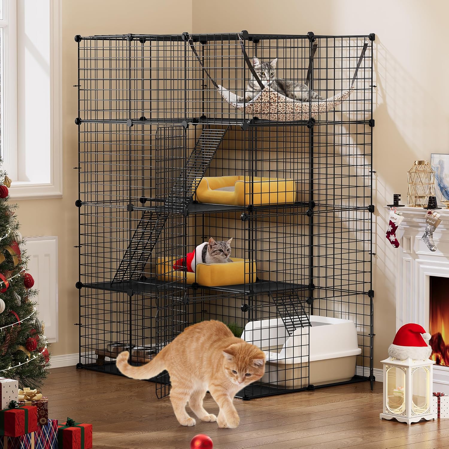YITAHOME - Jaula Grande para Gatos con Cubo de Almacenamiento, Caja para Interiores de Metal con Hamaca para múltiples Mascotas, 4 Niveles de Perrera de Gato Negro, 140 x 140 x 140 cm