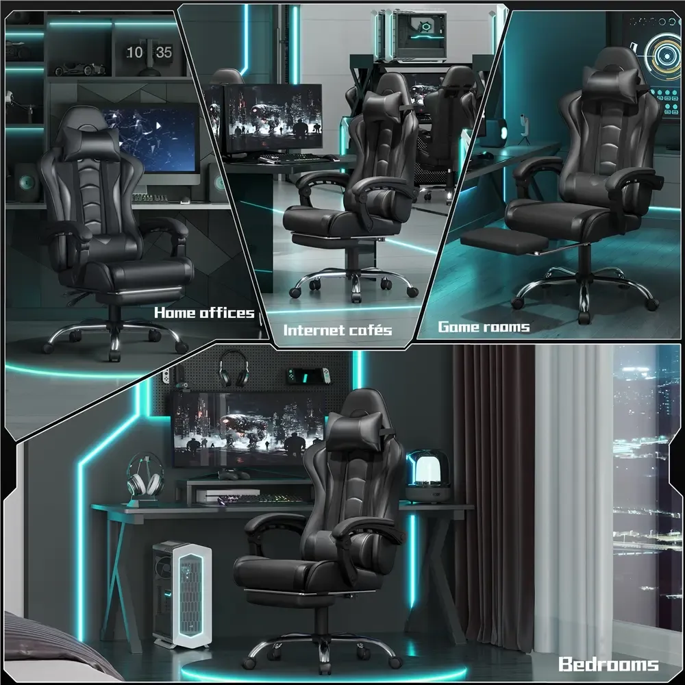Silla Gamer Ergonómica con Soporte Lumbar de Masaje, Reposapiés Retráctil y Reposacabezas – Silla de Oficina Reclinable de Cuero PU, Silla de Escritorio Giratoria con Ruedas para Gamers de Gran Estatura
