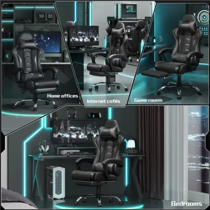 Silla Gamer Ergonómica con Soporte Lumbar de Masaje, Reposapiés Retráctil y Reposacabezas – Silla de Oficina Reclinable de Cuero PU, Silla de Escritorio Giratoria con Ruedas para Gamers de Gran Estatura