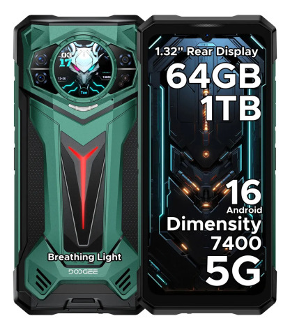Doogee S200 Ultra Celular Resistente 5G, Android 15, 48GB RAM+1TB ROM, Batería 11000mAh, Pantalla Trasera AMOLED, Cámara 100MP, NFC, WiFi, OTG, GPS, Doble SIM