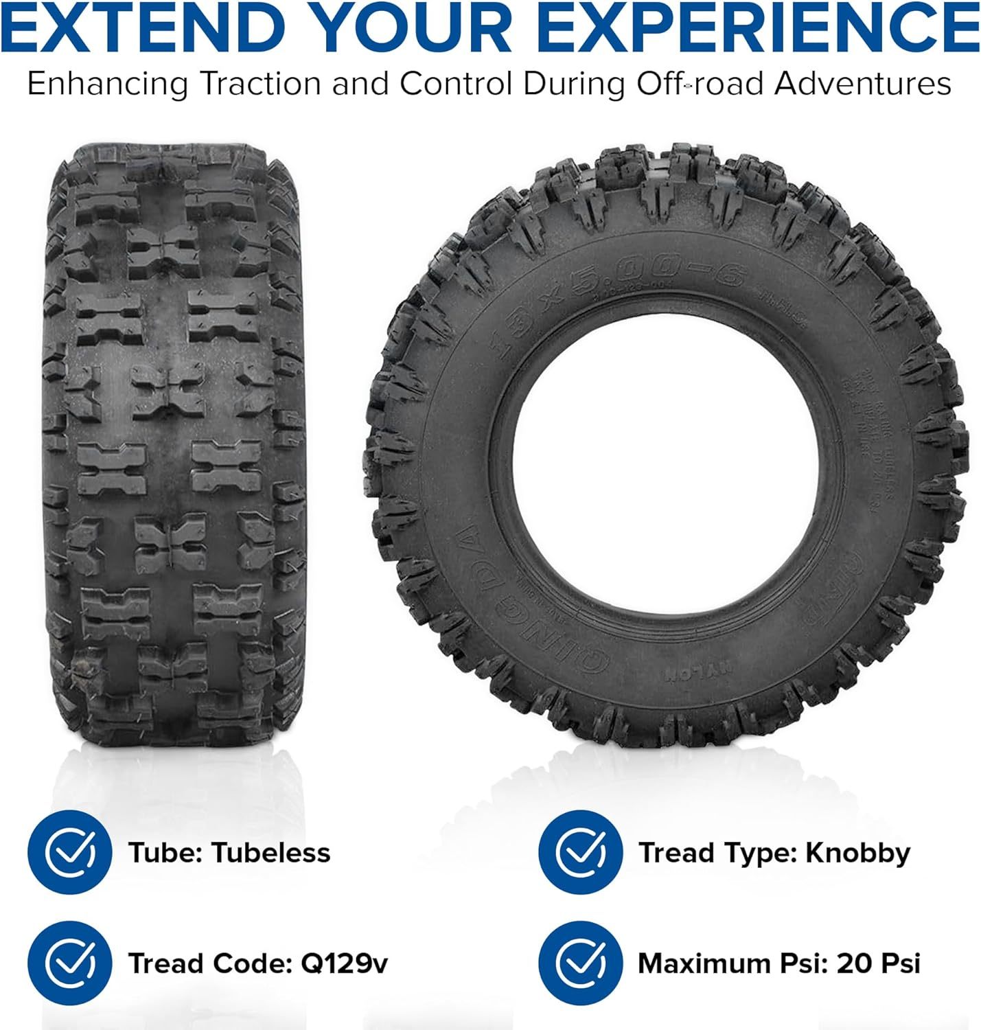AlveyTech - Neumático de 13 x 5.00-6 con banda de rodadura Knobby Q129 para ATV, Go-Kart y Dune Buggy (juego de 4) - Neumáticos sin cámara de repuesto para quad, 4 ruedas y mini bicicletas como