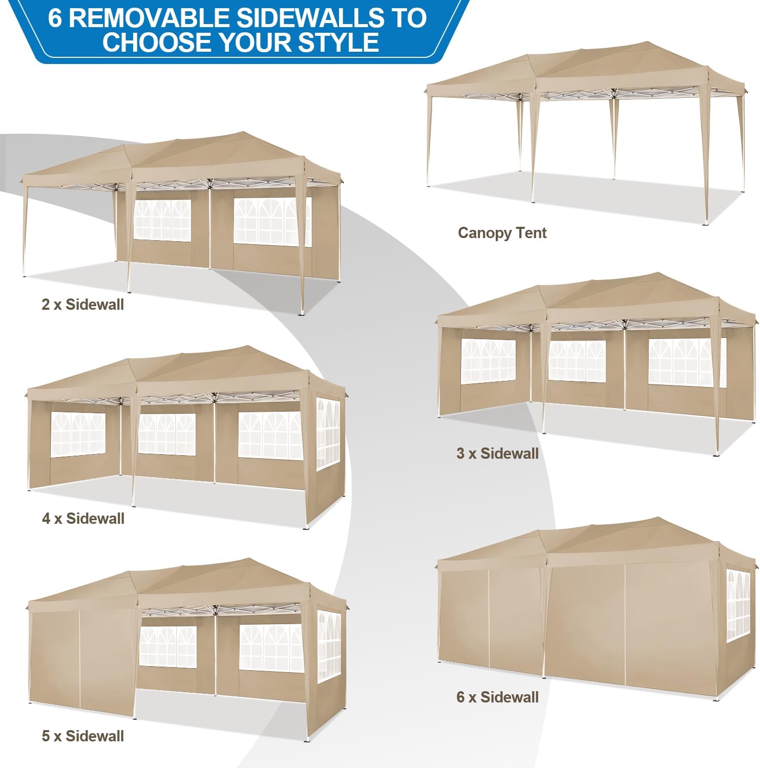 COBIZI - Toldo desplegable de 10 x 20 Pulgadas con 6 Paredes Laterales, toldo Impermeable para Eventos al Aire última intervensión, UPF 50+ cenador portátil para Fiestas, Playa, Camping, Boda,