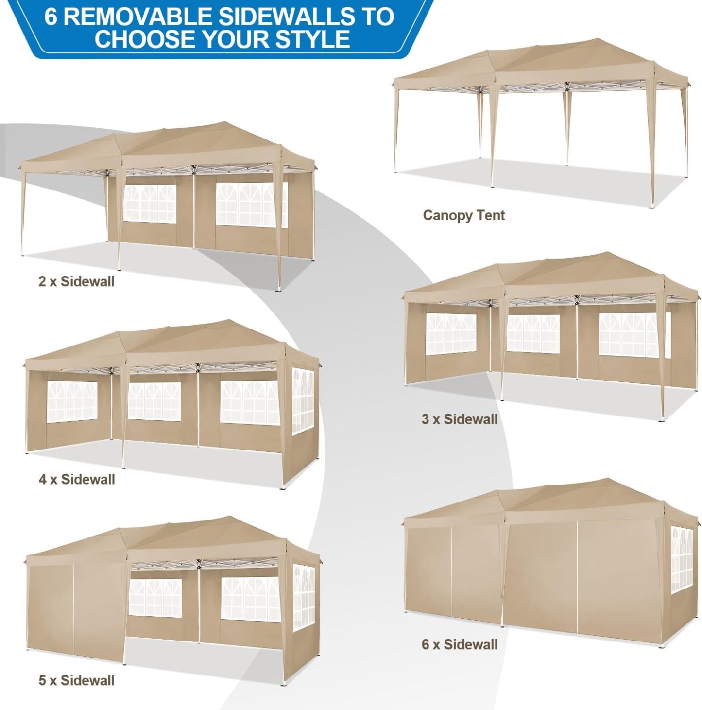 COBIZI - Toldo desplegable de 10 x 20 Pulgadas con 6 Paredes Laterales, toldo Impermeable para Eventos al Aire última intervensión, UPF 50+ cenador portátil para Fiestas, Playa, Camping, Boda,