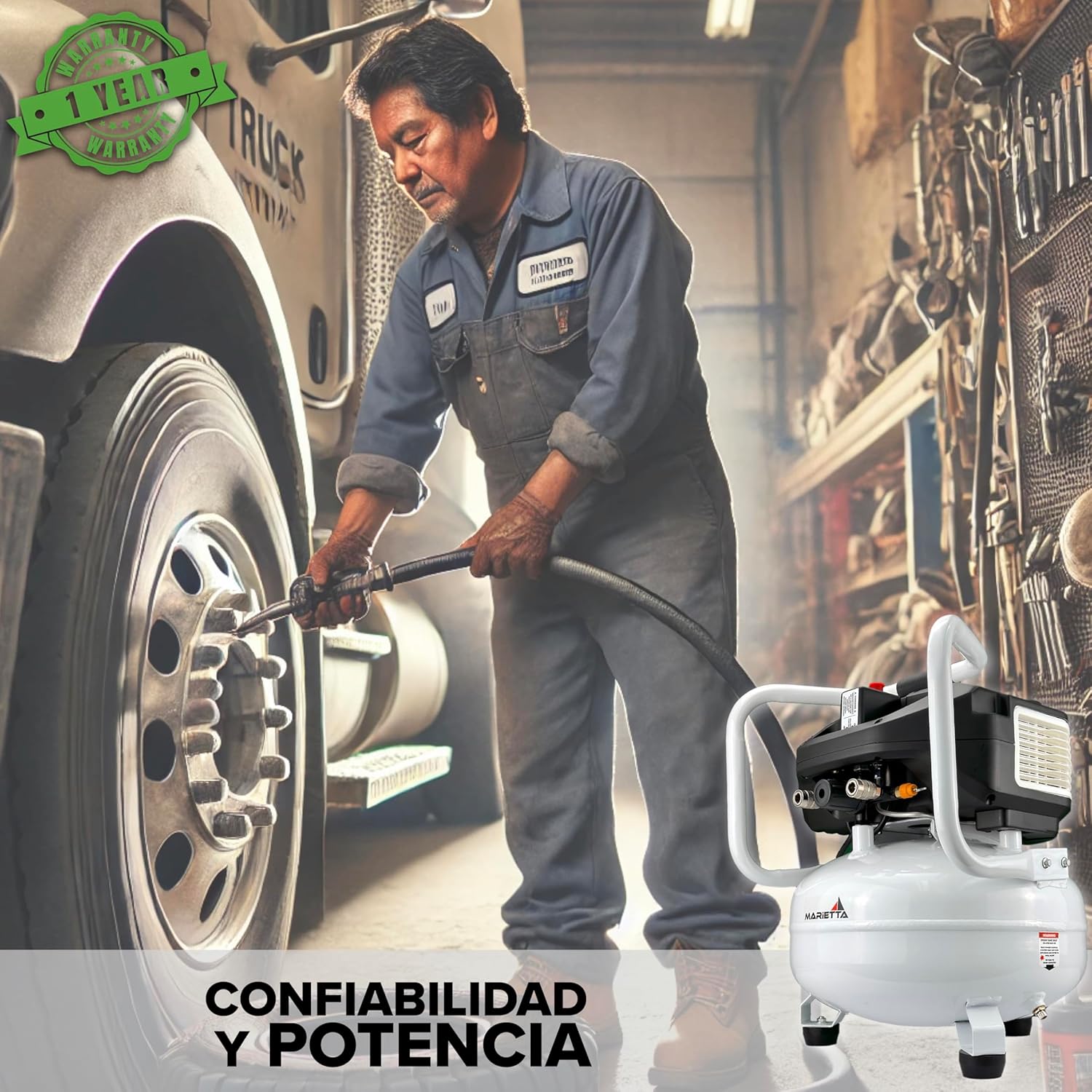 MARIETTA Compresor de Aire Libre de Aceite 1.5HP 22L Robusto con Kit de Accesorios y Manguera de 5 metros.