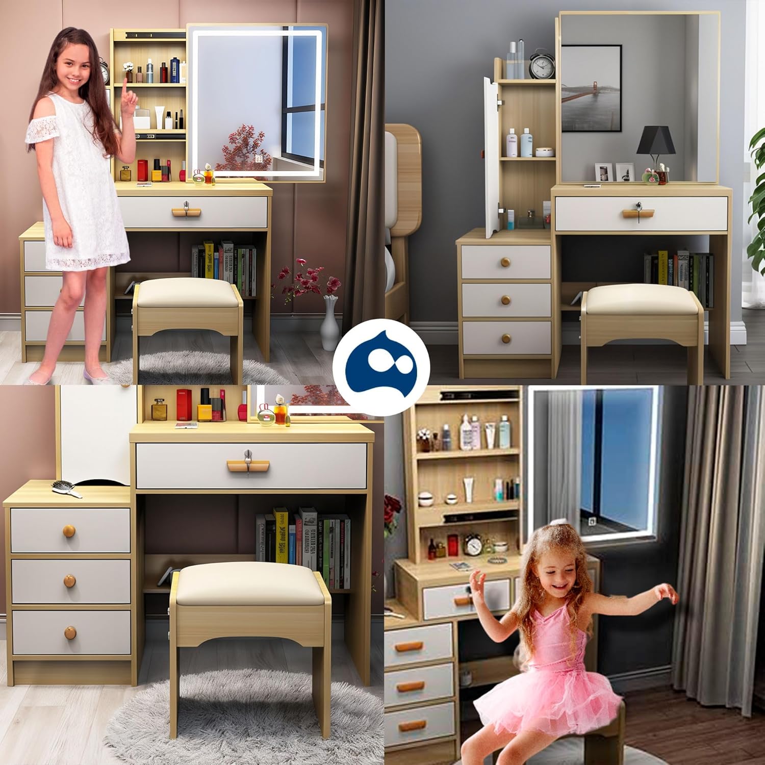 Bluelander Tocador De Niña, Tocador Vanity, Tocador para Niña, Vanity Tocador Hollywood, Tocador de Maquillaje con 4 Cajones, Estantes Ocultos, Incluye Taburete Acolchado, Espejo Led (Gris Claro)