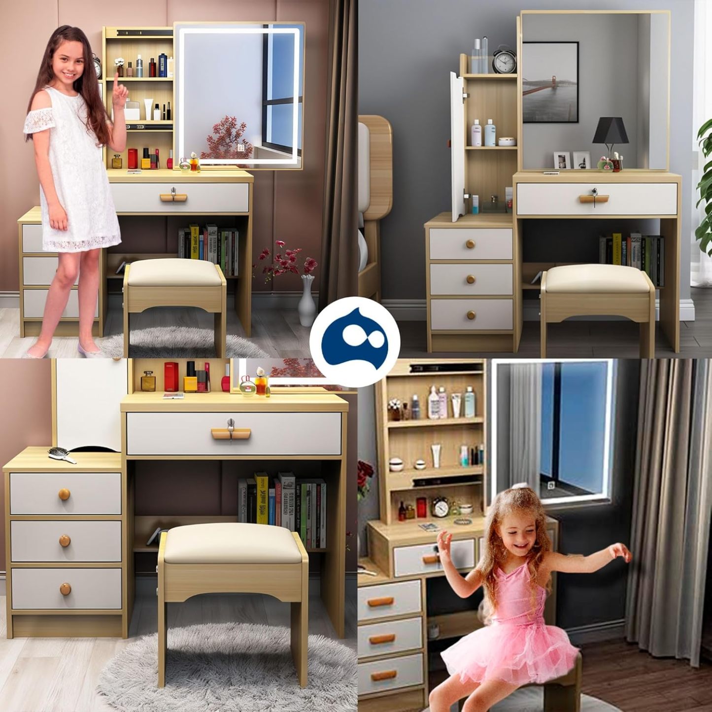 Bluelander Tocador De Niña, Tocador Vanity, Tocador para Niña, Vanity Tocador Hollywood, Tocador de Maquillaje con 4 Cajones, Estantes Ocultos, Incluye Taburete Acolchado, Espejo Led (Gris Claro)