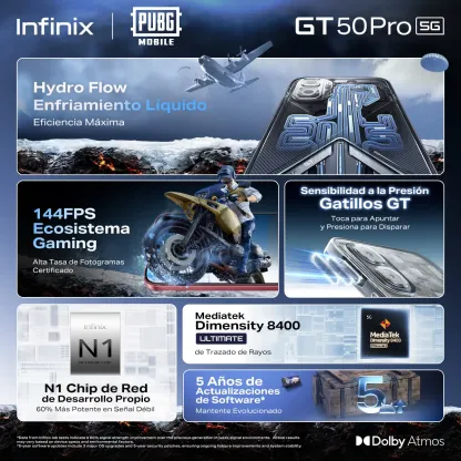 Infinix GT 50 PRO 5G Teléfono Gaming Potente 12GB+512GB Enfriamiento Líquido Gatillos GT Kit Gratis
