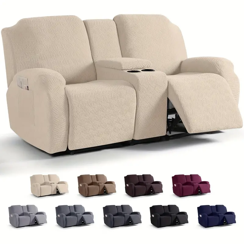 Juego clsico de fundas para silln reclinable de consola central de 8 piezas: polister elstico y spandex con cierre elstico, funda para muebles lavable a mquina de dise?o de una sola pieza para silln de masaje de teatro de 2 asientos