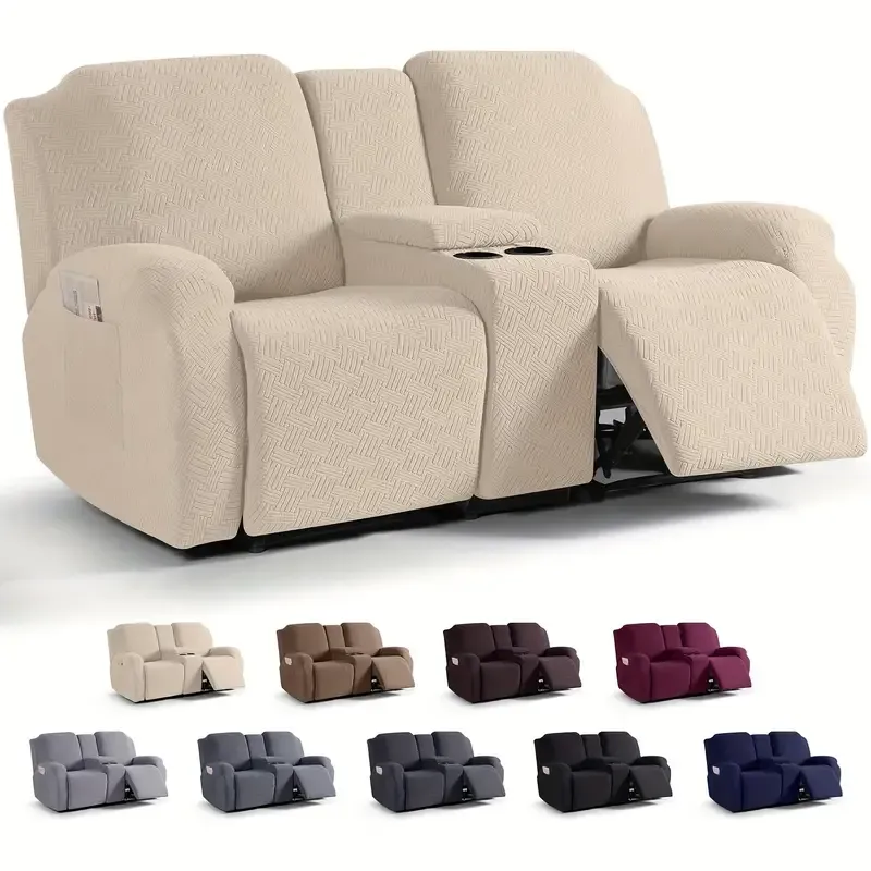 Juego clsico de fundas para silln reclinable de consola central de 8 piezas: polister elstico y spandex con cierre elstico, funda para muebles lavable a mquina de dise?o de una sola pieza para silln de masaje de teatro de 2 asientos