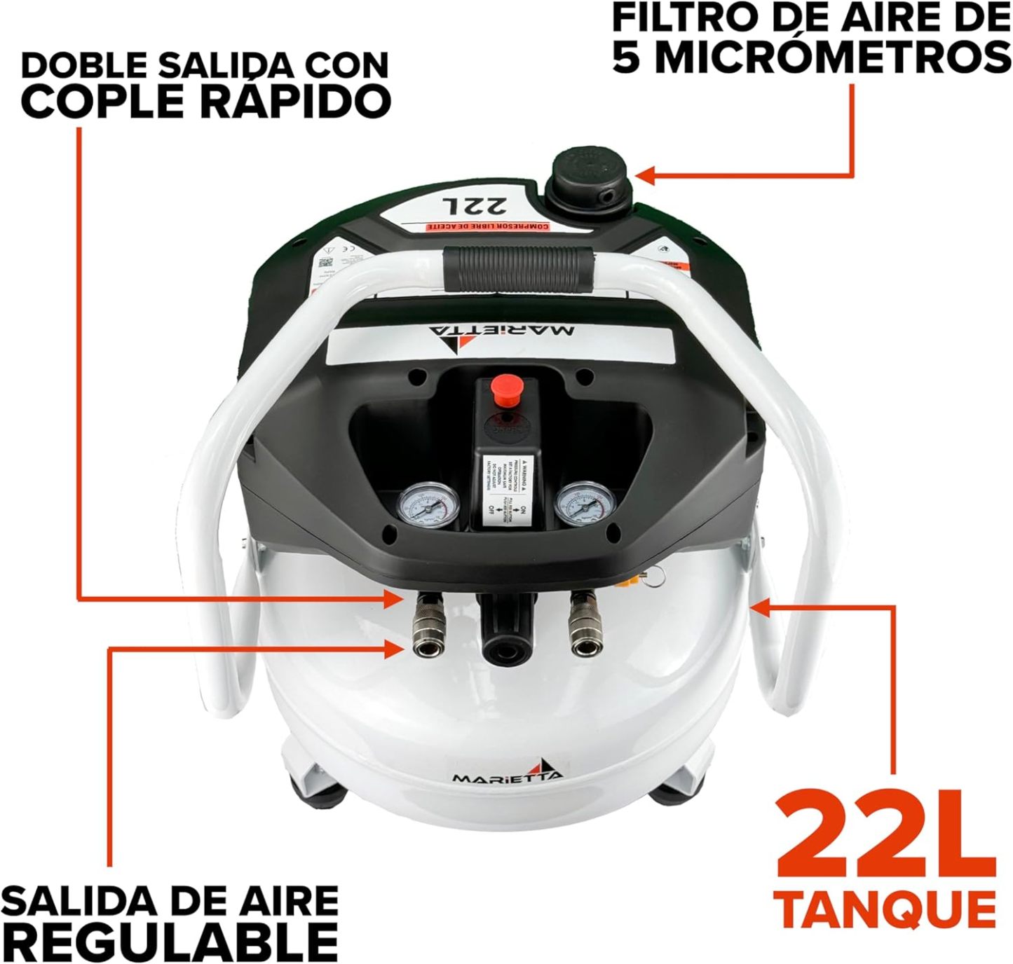MARIETTA Compresor de Aire Libre de Aceite 1.5HP 22L Robusto con Kit de Accesorios y Manguera de 5 metros.