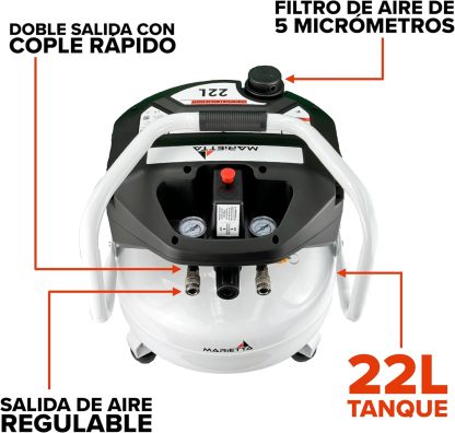 MARIETTA Compresor de Aire Libre de Aceite 1.5HP 22L Robusto con Kit de Accesorios y Manguera de 5 metros.