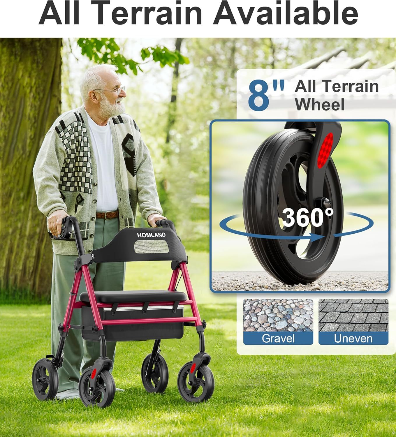 HOMLAND - Caminadores plegables con asiento para personas mayores, ruedas grandes de 8 pulgadas, 350 libras. Capacidad de peso, asas ajustables y altura del asiento, ligero caminante, color azul