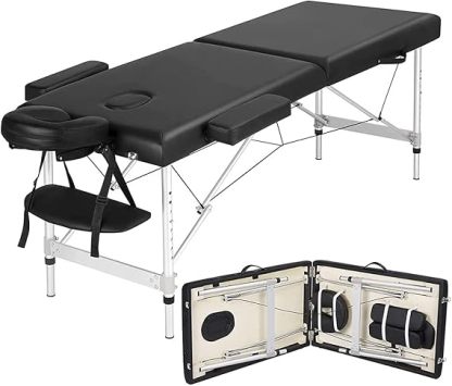 VANLIG | Cama de Masajes Portátil Profesional | Plegable y Ajustable | Base de Aluminio | para SPA, Reiki, Tatuajes y Belleza | Color Negro
