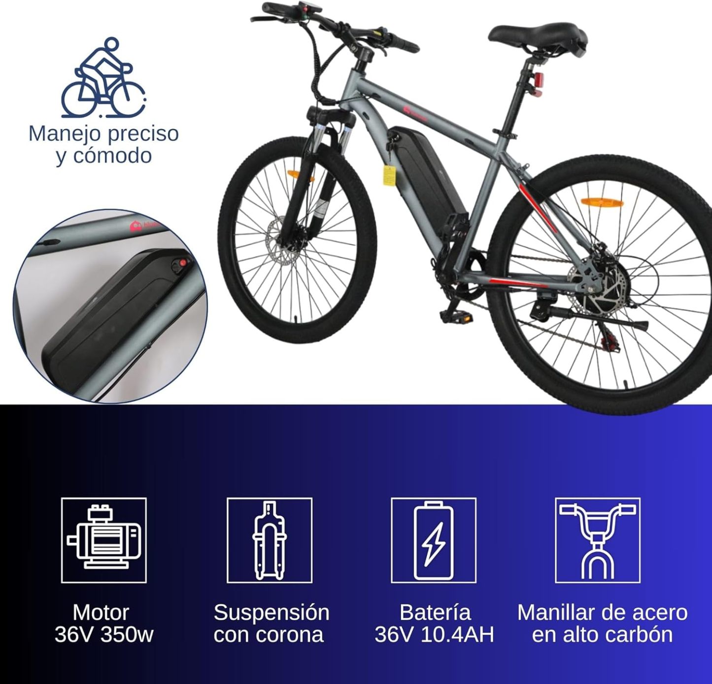 Bluelander Bicicleta Eléctrica para Adultos, Bicicleta Electrica Rodada 26, Velocidad Máxima de 32 km/h, 7 Velocidades, Potencia del Motor de 36 V/350 W, Pantalla, Frenos de Disco