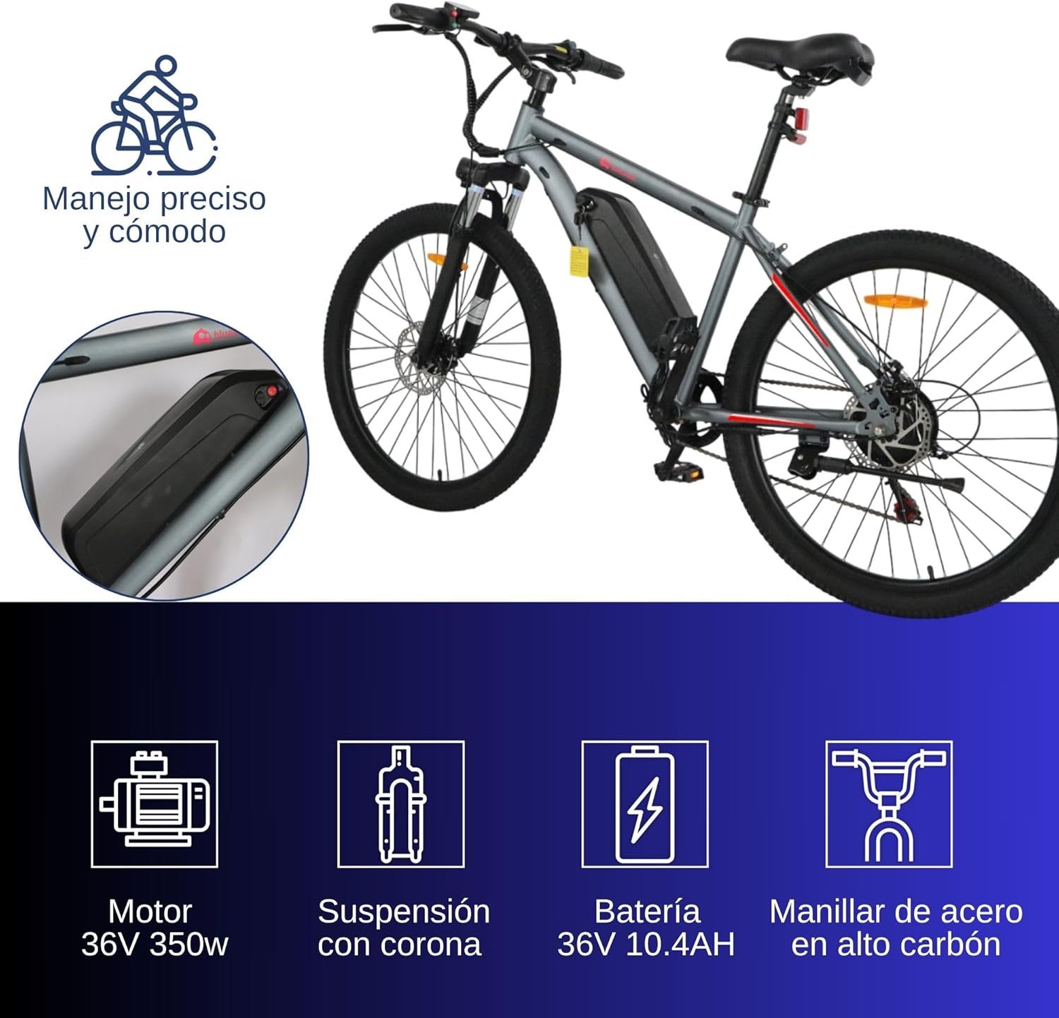 Bluelander Bicicleta Eléctrica para Adultos, Bicicleta Electrica Rodada 26, Velocidad Máxima de 32 km/h, 7 Velocidades, Potencia del Motor de 36 V/350 W, Pantalla, Frenos de Disco