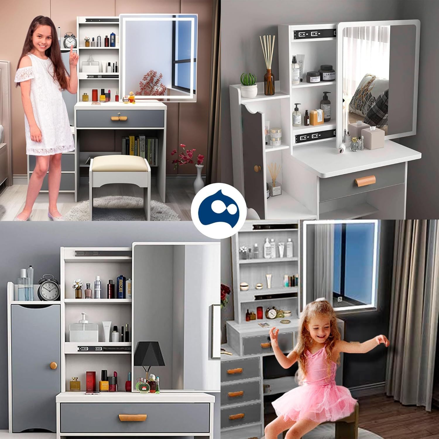 Bluelander Tocador De Niña, Tocador Vanity, Tocador para Niña, Vanity Tocador Hollywood, Tocador de Maquillaje con 4 Cajones, Estantes Ocultos, Incluye Taburete Acolchado, Espejo Led (Gris Claro)
