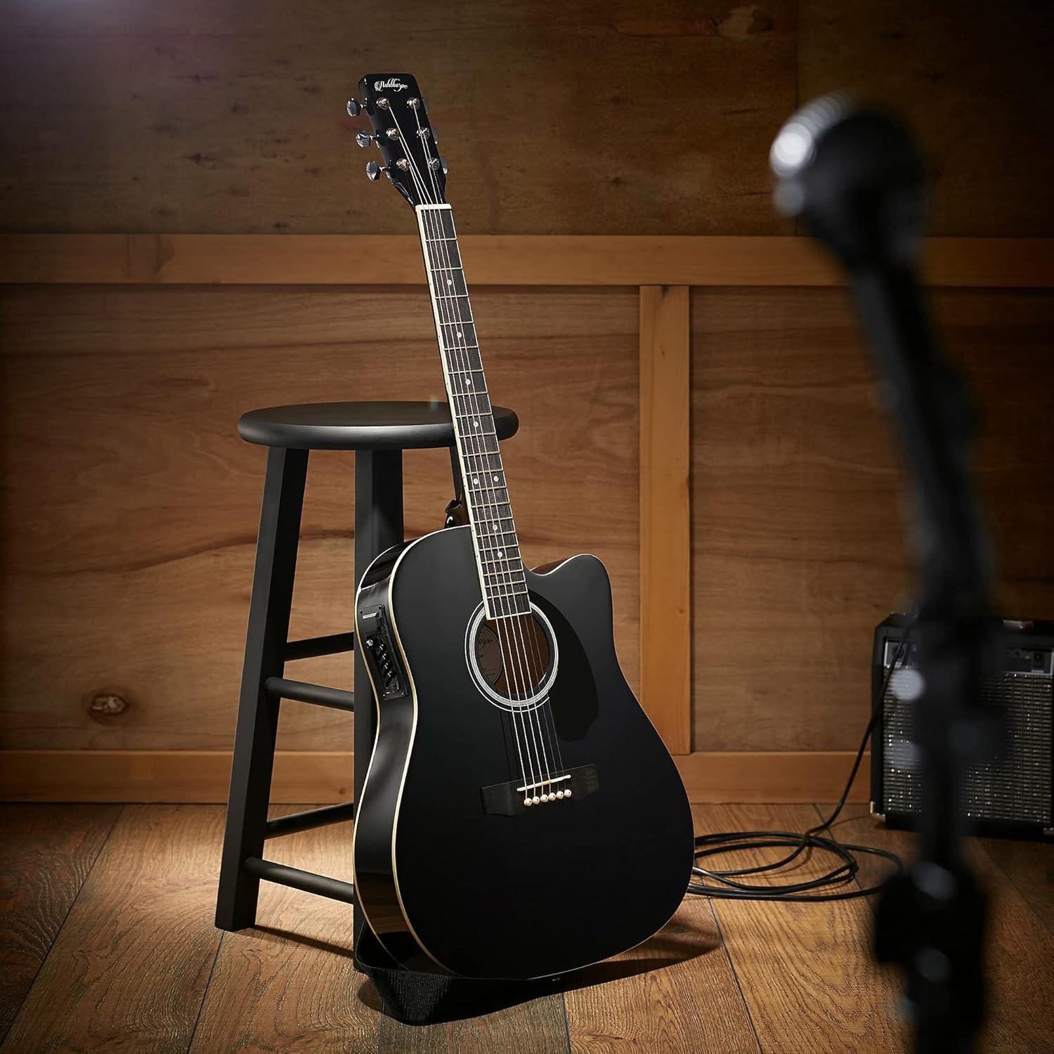 Ashthorpe - Paquete de guitarra acústica-eléctrica de tamaño completo, Negro
