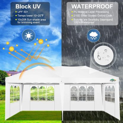 COBIZI - Toldo desplegable de 10 x 20 Pulgadas con 6 Paredes Laterales, toldo Impermeable para Eventos al Aire última intervensión, UPF 50+ cenador portátil para Fiestas, Playa, Camping, Boda,