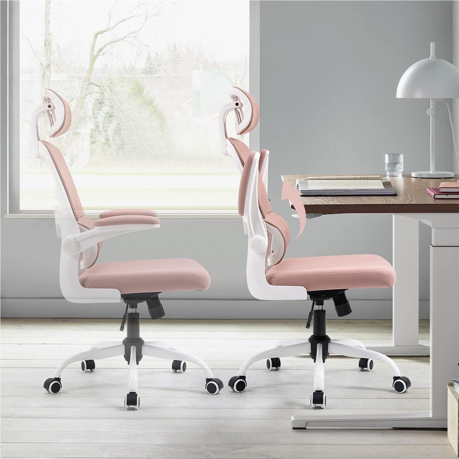 HOMEMAKE FURNITURE Silla Oficina ergonómica de Respaldo Alto con Soporte Lumbar Ajustable Altura reclinable descansabrazos Ajustables Silla Gamer sillas para Escritorio Silla ergonomica Rosa