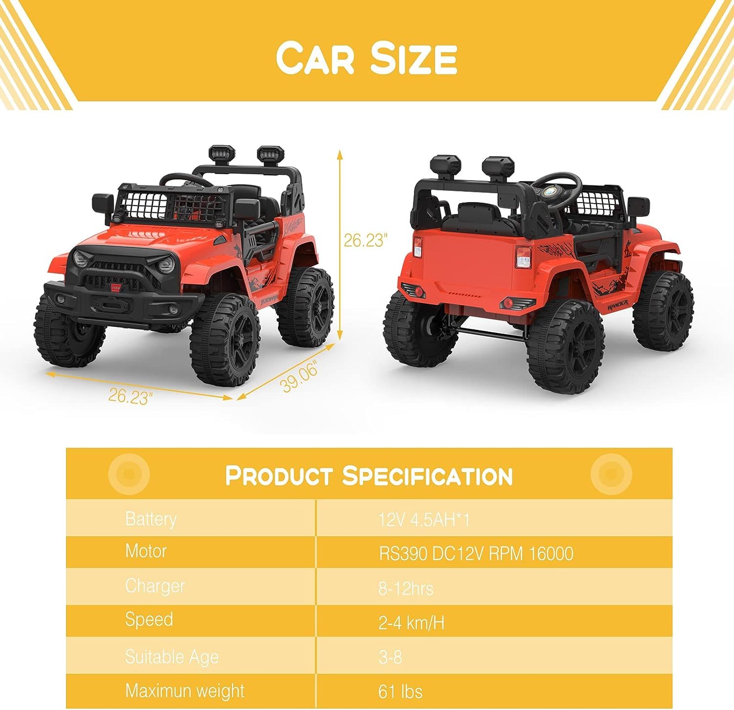 Hetoy Ride on Truck Car 12V Kids Electric Vehicles with Remote Control Spring Suspension, LED Lights, Bluetooth, 2 Speeds