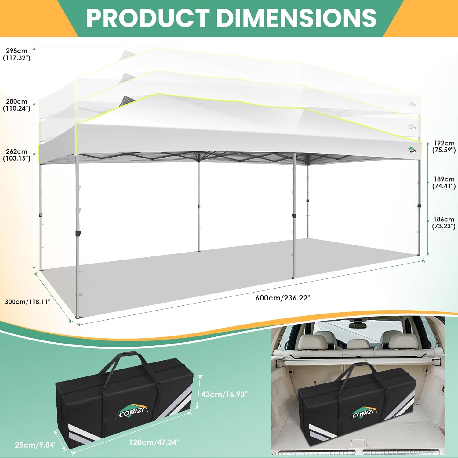 COBIZI - Tienda de campaña desplegable de 10 x 20 Pulgadas, Tienda de campaña instantánea Comercial para Bodas, Fiestas con 3 Altura Ajustable, toldo Ez Up para Exteriores, Impermeable, UPF50+ con