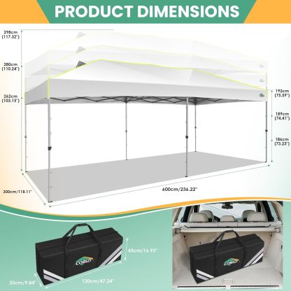 COBIZI - Tienda de campaña desplegable de 10 x 20 Pulgadas, Tienda de campaña instantánea Comercial para Bodas, Fiestas con 3 Altura Ajustable, toldo Ez Up para Exteriores, Impermeable, UPF50+ con