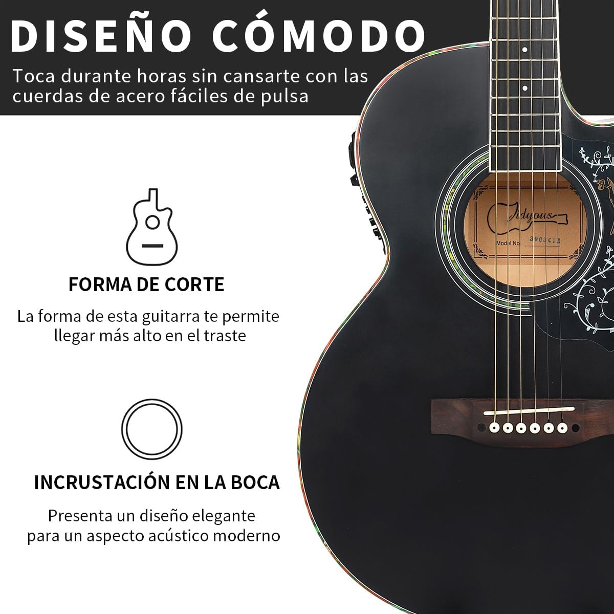 Kit de guitarra eléctrica acústica de 39 pulgadas con ecualizador de 4 bandas con estuche, juego de cuerdas, capo, paño de limpieza, afinador, púas, correa para el hombro y cable (Black)