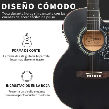 Kit de guitarra eléctrica acústica de 39 pulgadas con ecualizador de 4 bandas con estuche, juego de cuerdas, capo, paño de limpieza, afinador, púas, correa para el hombro y cable (Black)