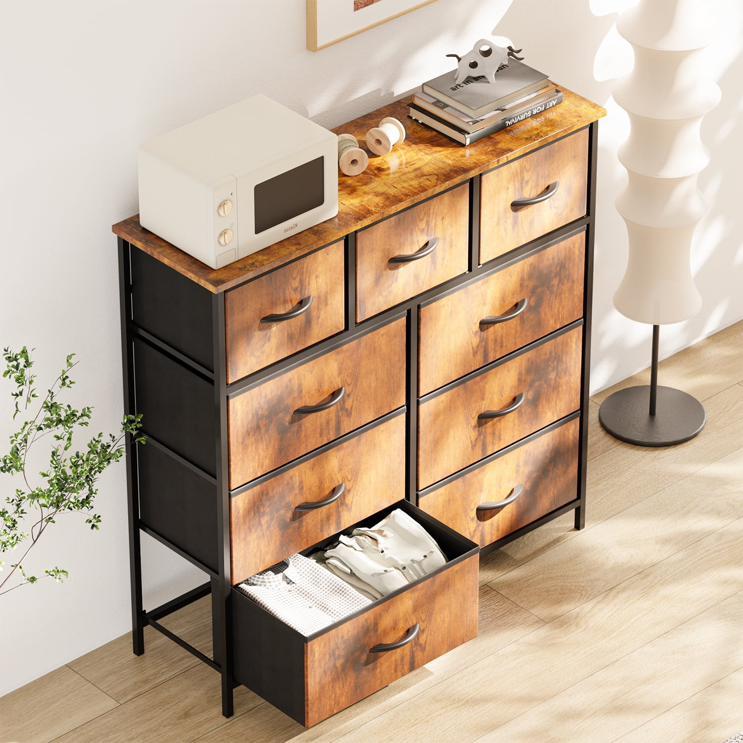 Yanming Cómoda de Tela con 9 cajones, Estructura de Acero y Tapa de Madera para Dormitorio, Armario, Entrada