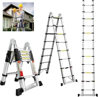 EvaStar - Escalera telescópica con marco A, escaleras telescópicas de aluminio ligeras con estabilizadores triangulares, barra estabilizadora y ruedas, escalera de extensión de capacidad de 350 libras