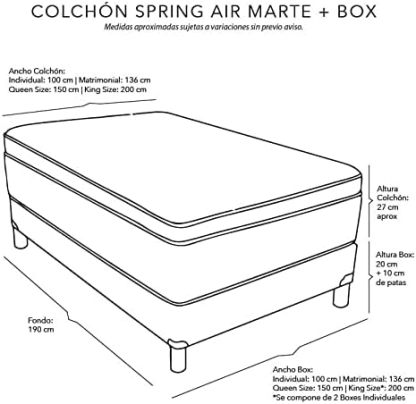 Colchón King Size Spring Air Marte + Box + 2 Almohada Osos + Juego de Sábanas