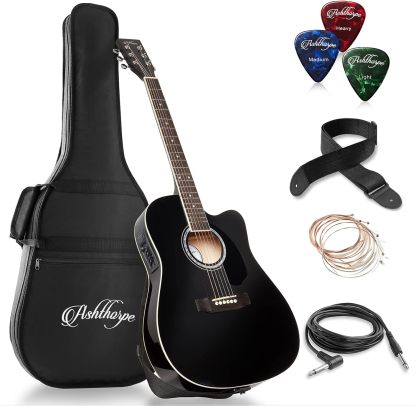 Ashthorpe - Paquete de guitarra acústica-eléctrica de tamaño completo, Negro