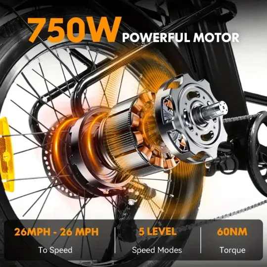 Bicicleta eléctrica para adultos con motor de 750 W, bicicleta eléctrica de carga de 20 MPH, 32 millas de largo alcance, scooter eléctrico de movilidad para adultos, 48 V, 10 Ah, alta capacidad