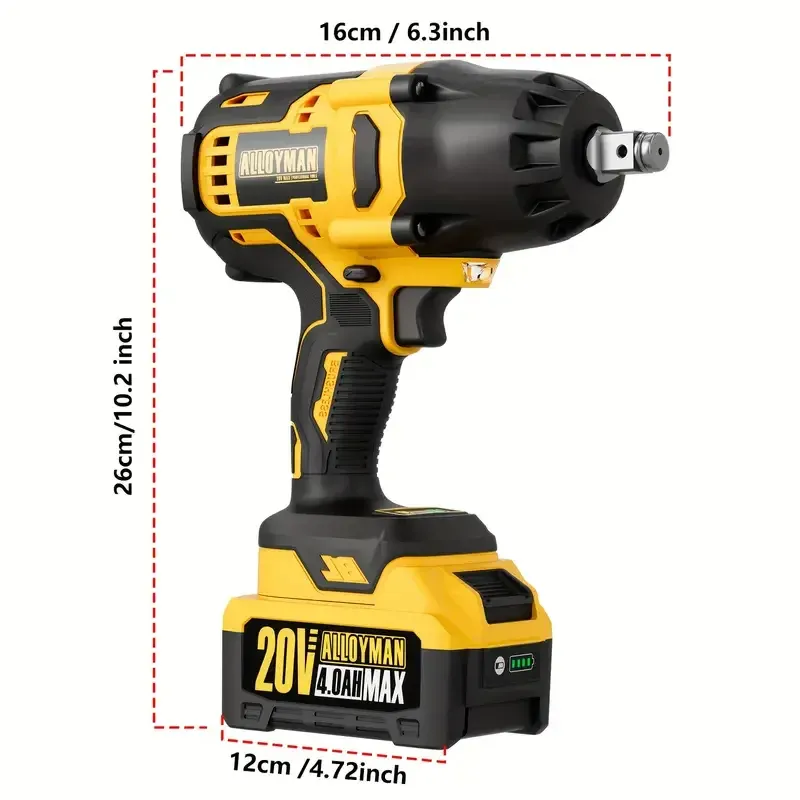 Alloyman Llave de impacto inalámbrica de 1/2 pulgada, par máximo de 555 pies-libras, llave de impacto de batería, motor sin escobillas de 20 V, 2000 RPM, con 6 enchufes, 3 barras de extensión, batería de iones de litio de 4.0 AH y carga rápida de 1 hora
