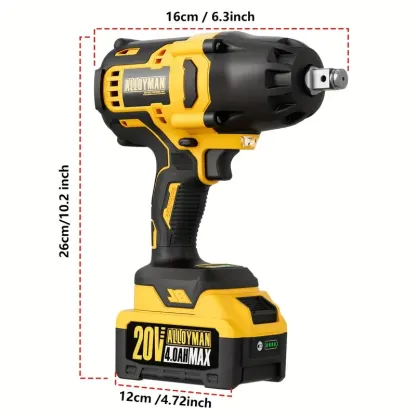 Alloyman Llave de impacto inalámbrica de 1/2 pulgada, par máximo de 555 pies-libras, llave de impacto de batería, motor sin escobillas de 20 V, 2000 RPM, con 6 enchufes, 3 barras de extensión, batería de iones de litio de 4.0 AH y carga rápida de 1 hora