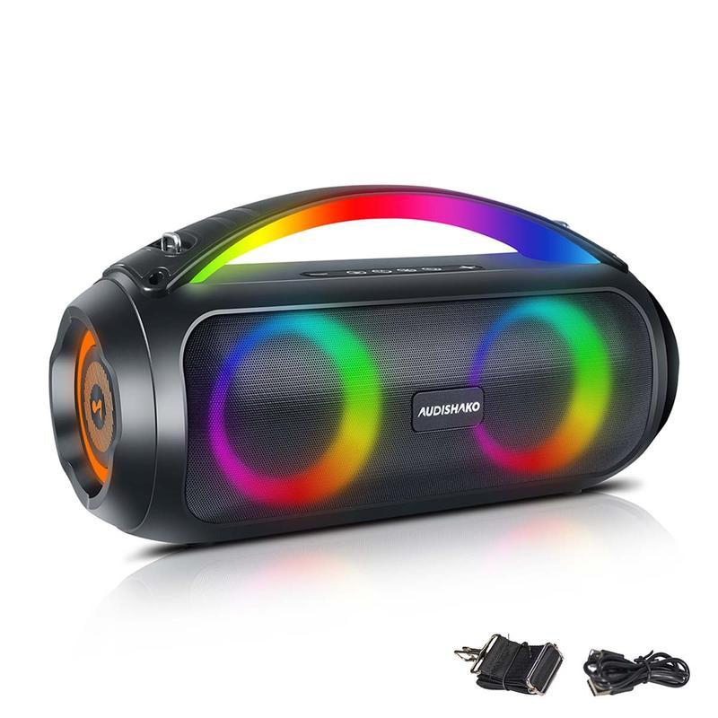 AUDISHAKO Altavoz Bluetooth 5.3 de 1000W con Chip Bluetooth 5.3 10 Luces LED Ambientales Reproductor TF/USB/AUX/FM Batería 7,4V 4000mAh 12 Horas Autonomía Funda Tela Modo EQ 3 Preajustes