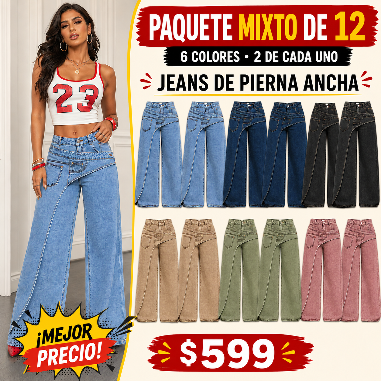 Jeans de pierna ancha y cintura alta para mujer con cintura asimétrica – Pantalones vaqueros holgados de lavado claro