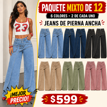 Jeans de pierna ancha y cintura alta para mujer con cintura asimétrica – Pantalones vaqueros holgados de lavado claro