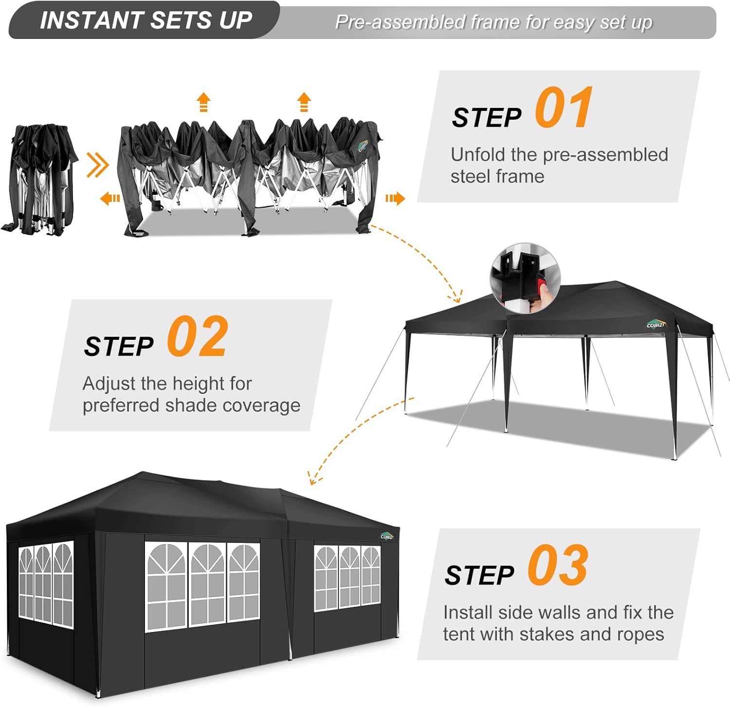 COBIZI - Toldo desplegable de 10 x 20 Pulgadas con 6 Paredes Laterales, toldo Impermeable para Eventos al Aire última intervensión, UPF 50+ cenador portátil para Fiestas, Playa, Camping, Boda,