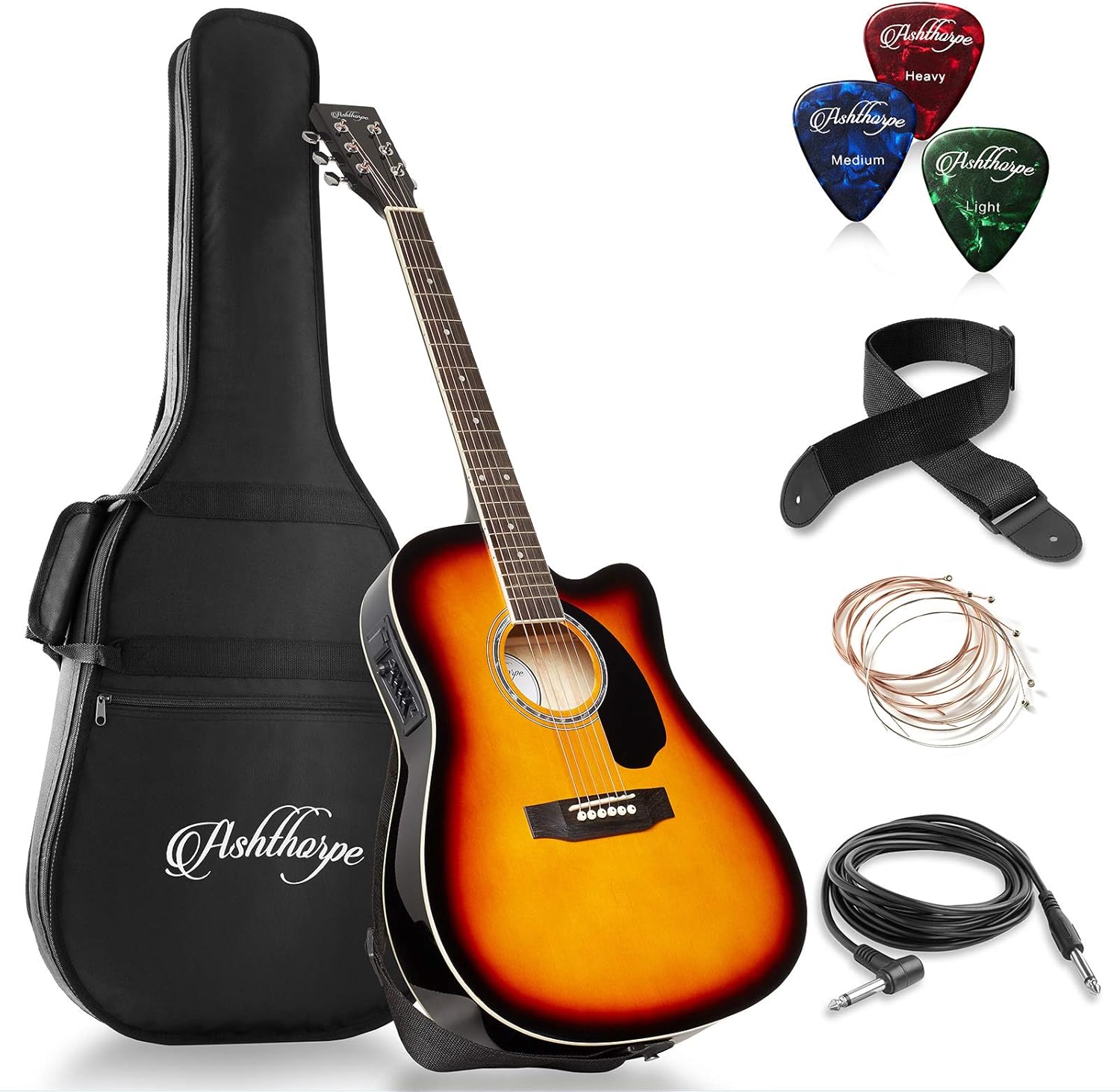 Ashthorpe - Paquete de guitarra acústica-eléctrica de tamaño completo, Negro