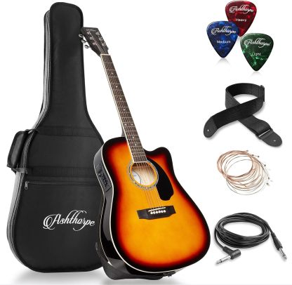 Ashthorpe - Paquete de guitarra acústica-eléctrica de tamaño completo, Negro