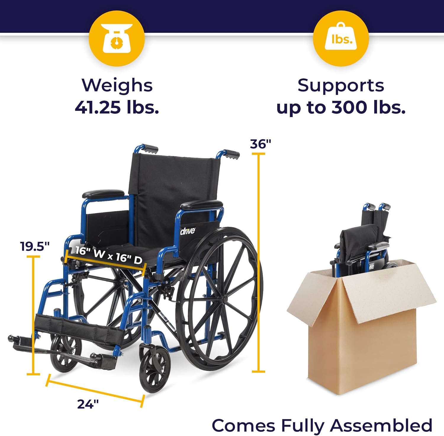 Drive Medical BLS20FBD-ELR Blue Streak Wheelchair with Flip Back Desk Arms and Elevating Leg Rests, Blue