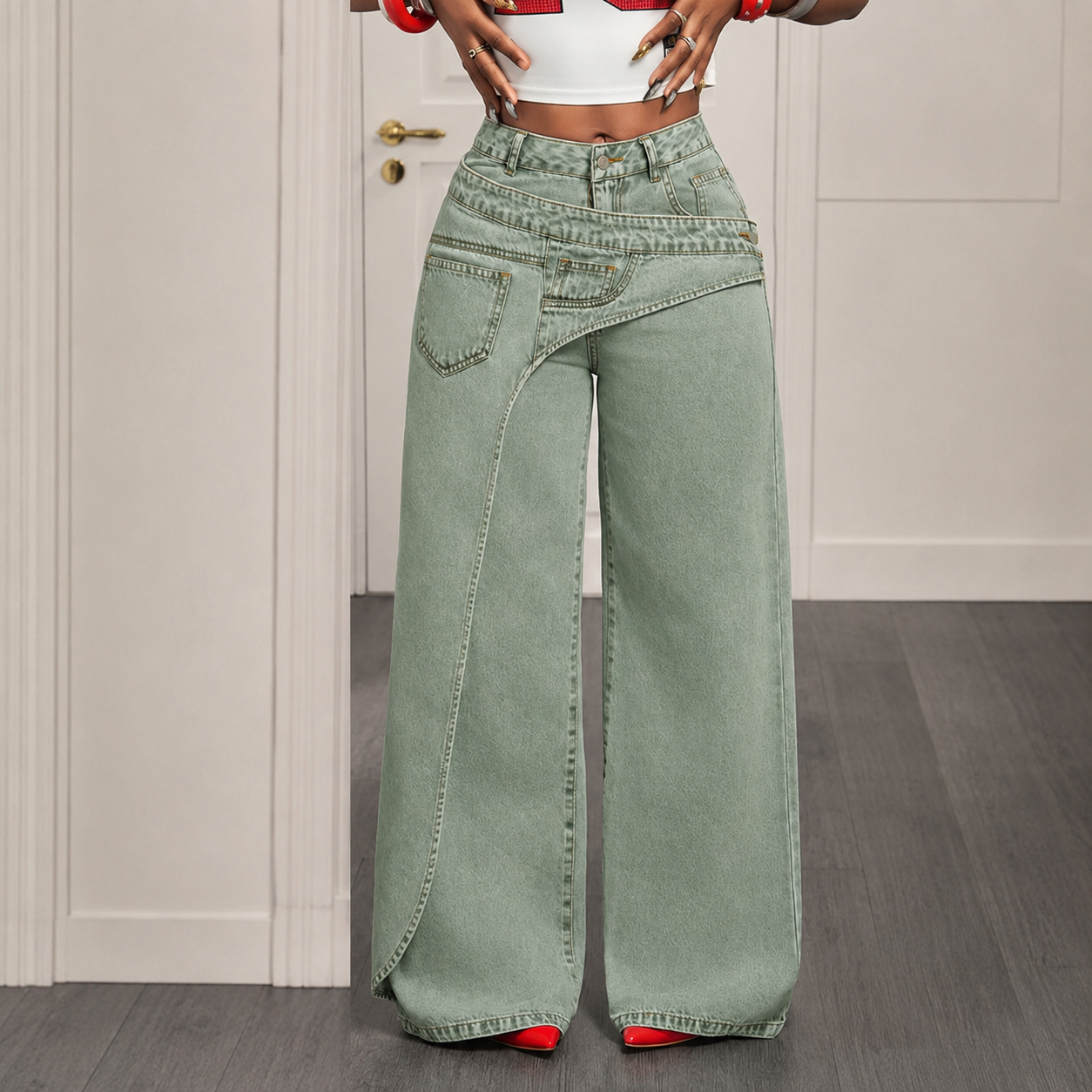 Jeans de pierna ancha y cintura alta para mujer con cintura asimétrica – Pantalones vaqueros holgados de lavado claro
