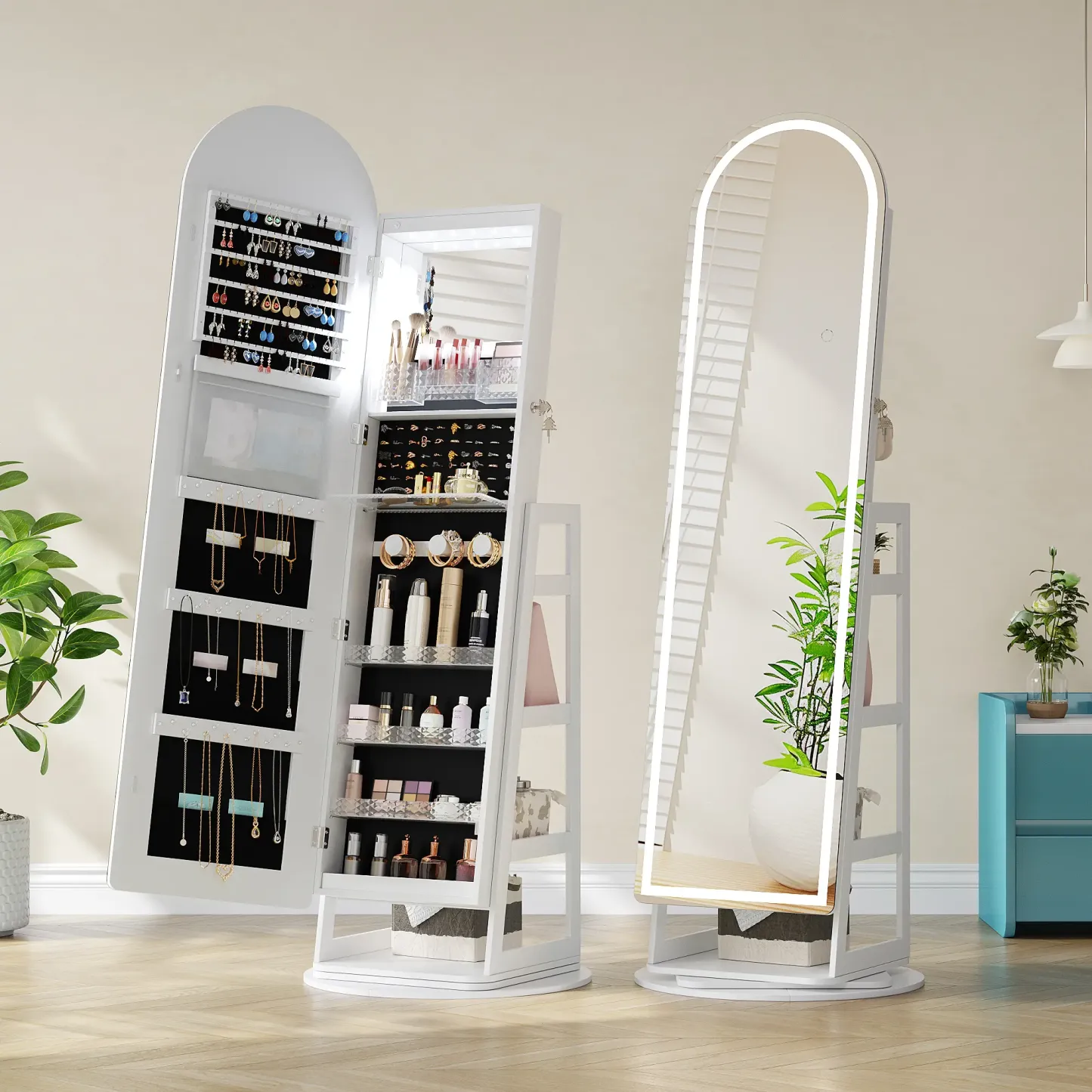 ✨ Espejo de Cuerpo Entero con Armario Joyero Giratorio 360° | Luz LED de 3 Colores | Organizador con Cerradura | Almacenamiento Multifuncional para Dormitorio 💎