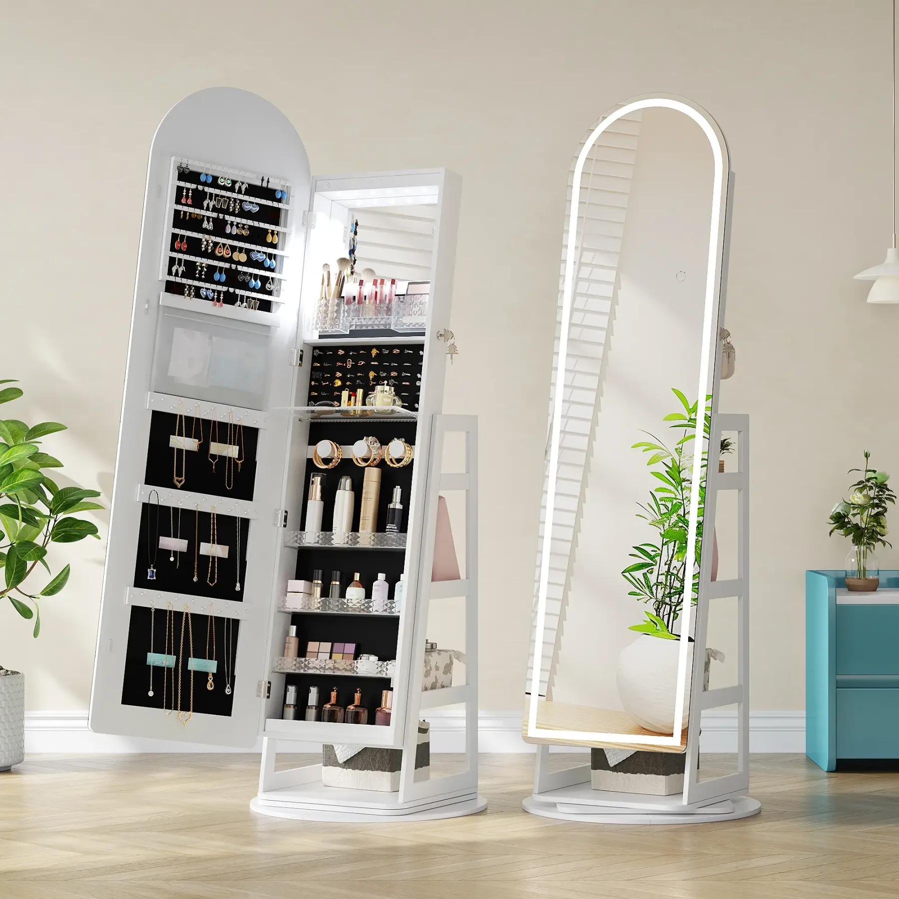 ✨ Espejo de Cuerpo Entero con Armario Joyero Giratorio 360° | Luz LED de 3 Colores | Organizador con Cerradura | Almacenamiento Multifuncional para Dormitorio 💎