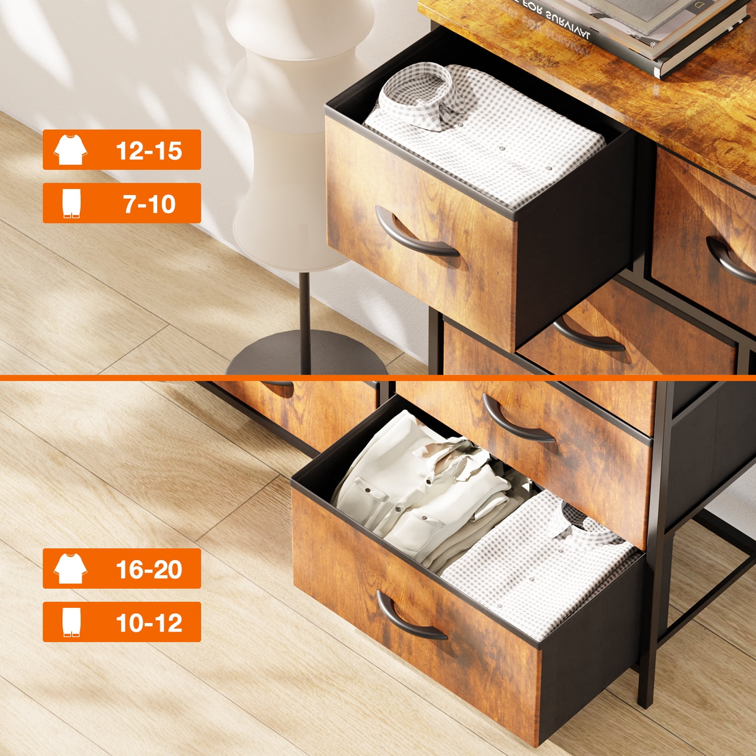 Yanming Cómoda de Tela con 9 cajones, Estructura de Acero y Tapa de Madera para Dormitorio, Armario, Entrada